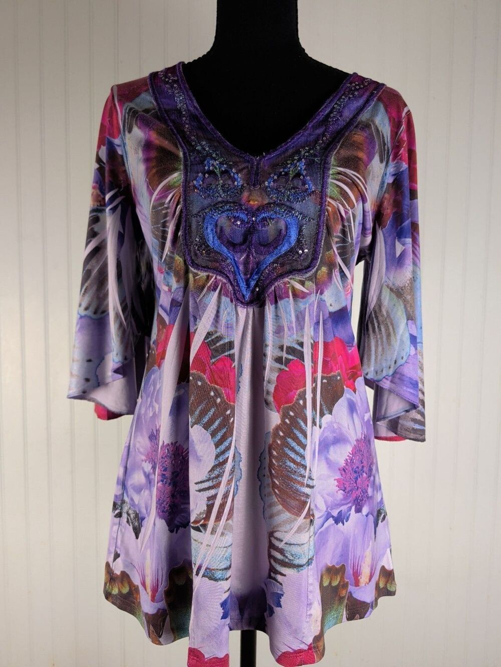 Vintage One World Purple Floral Embellished Tunic Top Blouse Boho Y2K Medium